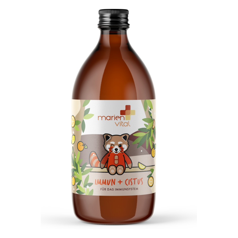 Braune Flasche mit einem Etikett, das ein rotes Pandabärchen und den Schriftzug "IMMU + CISTUS" zeigt, für das Immunsystem.