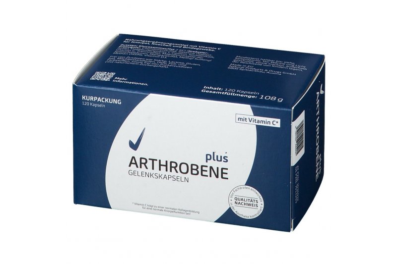 arthrobene.jpg Kurpackung mit 120 Gelenk-Kapseln, enthält Vitamin C, blau-weiße Verpackung mit Angaben zur Verwendung.