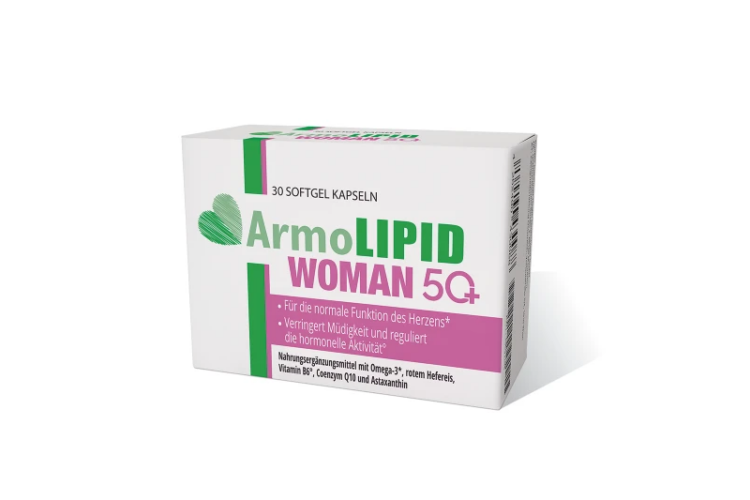 Verpackung von ArmoLipid WOMAN 5+, Nahrungsergänzungsmittel in Softgel-Kapseln für Frauen.