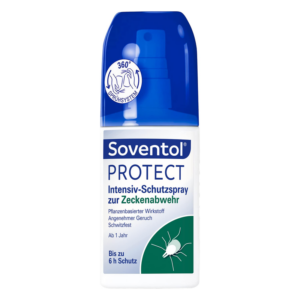 Schutzspray zur Zeckenabwehr in einer weißen Flasche mit blauem Deckel und 360° Sprühsystem.