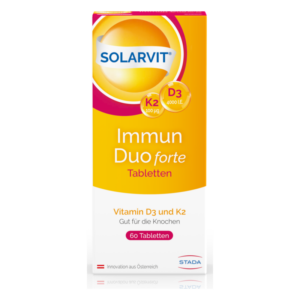 Packung mit 60 Tabletten Vitamin D3 und K2 zur Unterstützung der Knochengesundheit, in leuchtendem Gelb mit Blaufeldern.