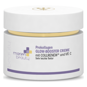 Weißer Tiegel mit goldener Kappe, beschriftet mit 'Prokollagen Glow-Booster Creme' und Inhaltsstoffen.