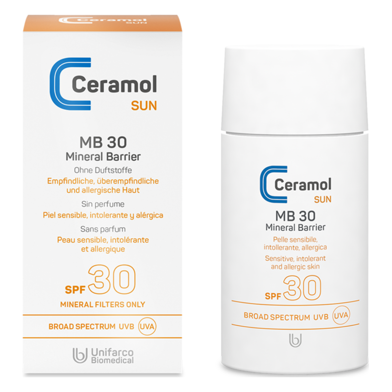 Sonnencreme Ceramol MB 30 mit mineralischem UV-Schutz in weißer Verpackung, bietet Schutz für empfindliche Haut.