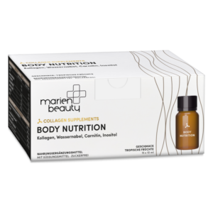 Verpackung von Body Nutrition mit Kollagen, Wasserraute und Inositol in tropischem Fruchtgeschmack.
