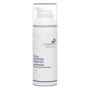 Klares Creme-Gel für unreine Haut in einem transparenten Pumpbehälter mit lila und weißen Akzenten.