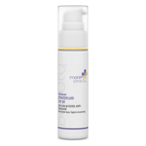Schutzfluid von Marien Beauty mit Hyaluron und LSF 50 in weißem Behälter mit Pump-Spender.