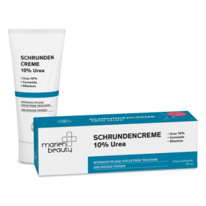 Schrundencreme in einer weißen Tube und einer blauen Schachtel, enthält 10% Urea und ist für trockene Füße gedacht.
