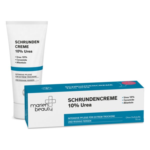 Schrundencreme in einer weißen Tube und einer blauen Schachtel, enthält 10% Urea und ist für trockene Füße gedacht.