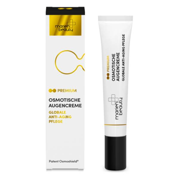 Osmotische Augencreme in einer weißen Tube mit schwarzem Deckel und einer schlichten, eleganten Verpackung.  Bezug zu globaler Anti-Aging Pflege.