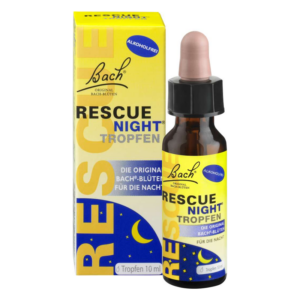 Bach Rescue Night Tropfen in braunem Glasfläschchen mit Pipette und gelber Verpackung für die Nacht.