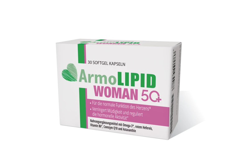 Armolipid-Woman_50.png Verpackung mit Softgel-Kapseln ArmoLIPID WOMAN 5Q+, betont Herzfunktion und hormonelle Aktivität.