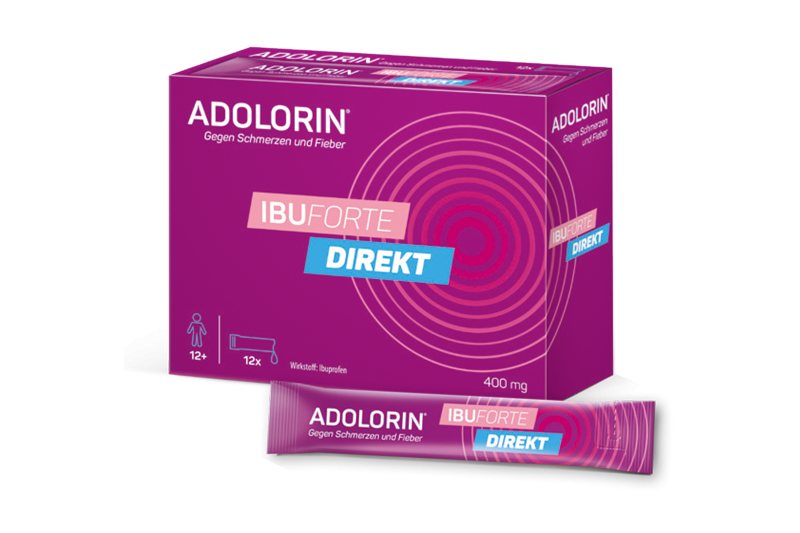 adolorin-ibuforte-direkt.png Packung von Adolorin IBUFORTE direkt mit 400 mg Ibuprofen, geeignet für Erwachsene und Jugendliche ab 12 Jahren.