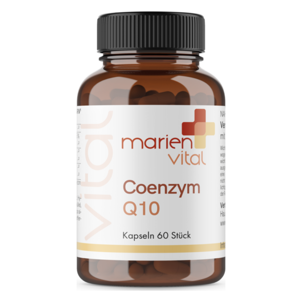 Braune Kunststoffflasche mit schwarzem Schraubverschluss, enthält Kapseln mit Coenzym Q10 von marien vital.