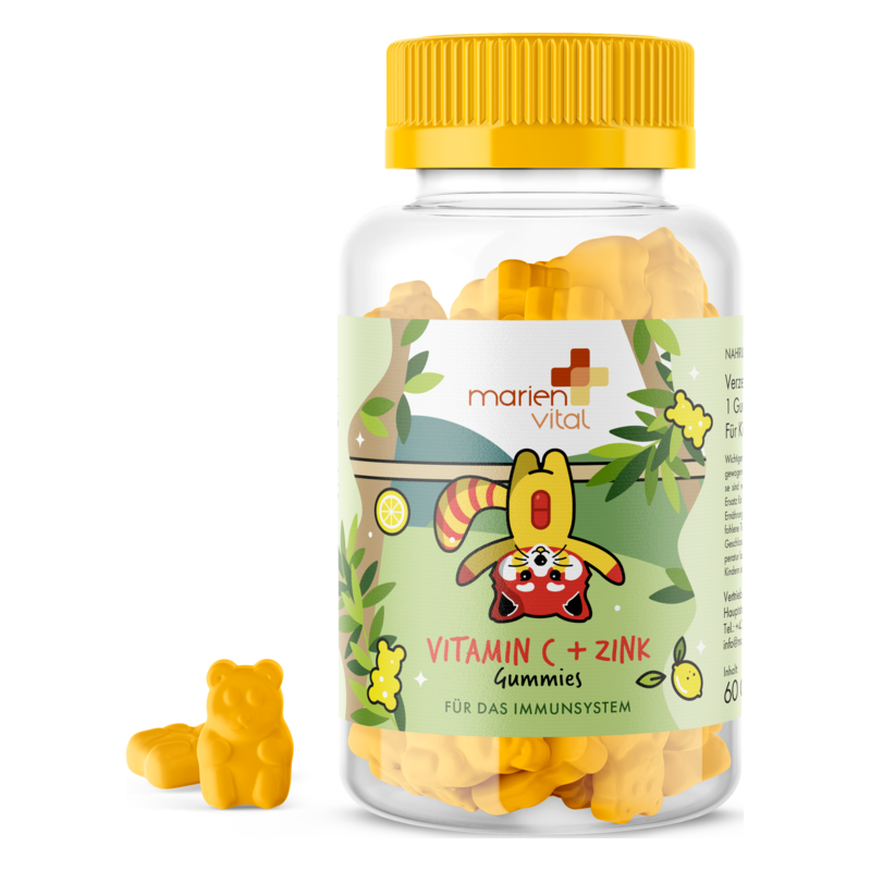 Glasbehälter mit gelben Vitamin C und Zink Gummies, dekoriert mit einem tierischen Motiv und Pflanzenillustrationen.