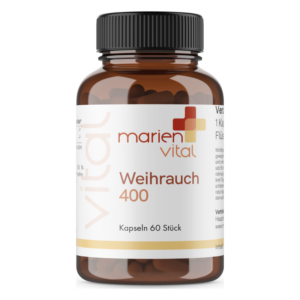 Braune Kunststoffflasche mit schwarzem Deckel, enthält Kapseln mit Weihrauch. Beschriftung in hellen Farben.