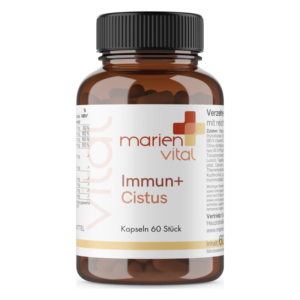 Braune Kunststoffflasche mit schwarzem Schraubverschluss, gefüllt mit Kapseln, etikettiert mit "marien vital Immun+ Cistus".