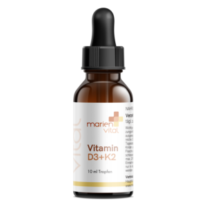 Braune Glasflasche mit Pipette, die Vitamin D3 und K2 in Tropfenform enthält. 10 ml Inhalt.