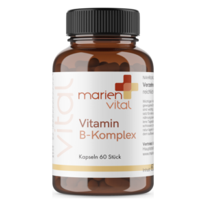 Braune Flasche mit schwarzem Deckel, enthält Kapseln für Vitamin B-Komplex, 60 Stück, von marien vital.
