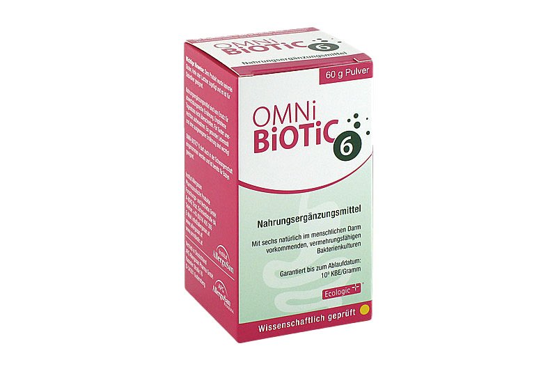 Omnibiotic-6.jpg Verpackung von OMNi BiOTiC 6, einem Nahrungsergänzungsmittel in Pulverform, mit Information zur Anwendung.