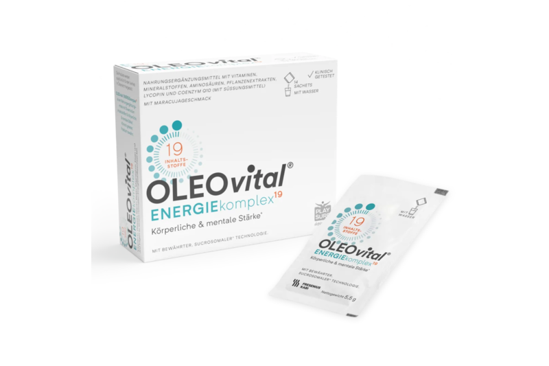 oleovita-energiekomplex19.png Verpackung des Nahrungsergänzungsmittels OLEO vital ENERGIEkomplex mit 19 Inhaltsstoffen und Maracujageschmack.