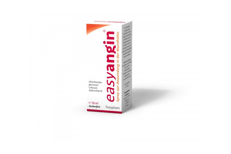 easyangin_spray.jpg Verpackung des easyangin Sprays zur Anwendung in der Mundhöhle, 30 ml, zuckerfrei, mit Inhaltsstoffen