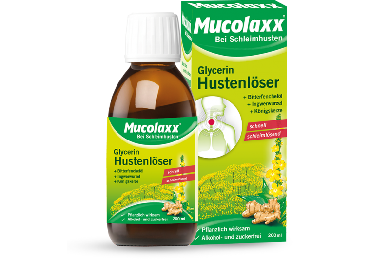 mucolaxx-hustenloeser-header-paketshot-neu.png Eine Flasche und Verpackung von MucoLaxx Glycerin Hustenlöser, pflanzlich wirksam gegen Schleimhusten, mit Zutatenliste.