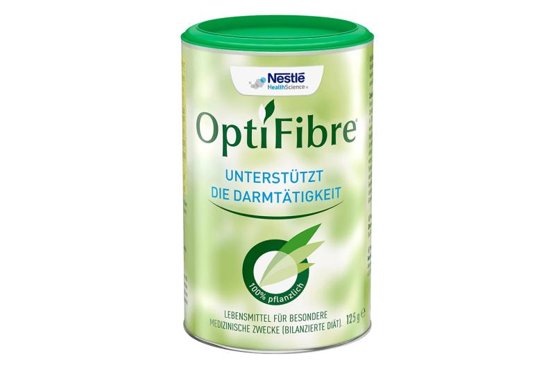 OptiFibre.png Dose OptiFibre von Nestlé mit grünem Deckel, die die Darmtätigkeit unterstützt und 100% pflanzlich ist.