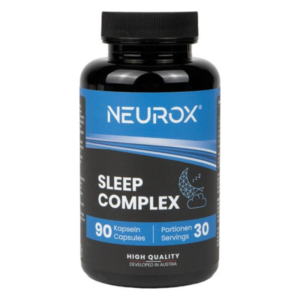 Schwarze Kunststoffflasche mit blauer Etikettierung, enthält 90 Kapseln für besseren Schlaf.