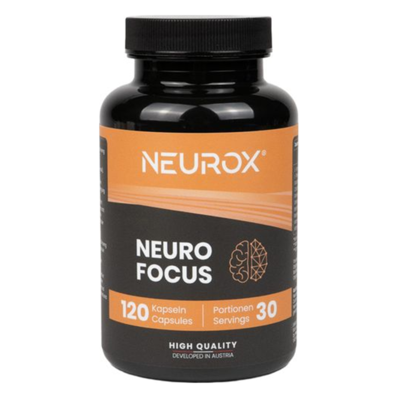 Schwarze Flasche mit orangefarbenem Etikett, die Neuro-Fokus-Kapseln enthält und in Österreich entwickelt wurde.