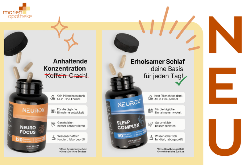 Neurox.png Zwei Nahrungsergänzungsmittel von Neurox: Neuro Focus für Konzentration und Sleep Complex für erholsamen Schlaf, mit Kapseln und Hinweistexten.