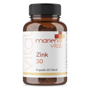 Braune Flasche mit schwarzem Deckel, enthält Zink-Kapseln mit der Aufschrift 'marien vital Zink 30 Kapseln 60 Stück'.