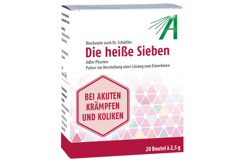 DieHeisseSieben.png Verpackung von 'Die heiße Sieben', einem pulverförmigen Heilmittel zur Herstellung einer Lösung gegen Krämpfe und Koliken.