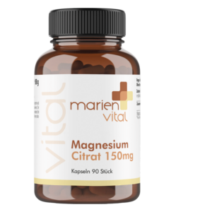 Braune Flasche mit Magnesiumcitrat-Kapseln, 150 mg, 90 Stück, von der Marke marien vital.