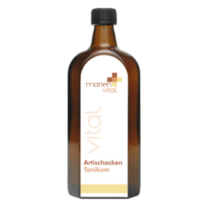 Braune Glasflasche mit schwarzem Schraubverschluss, beschriftet mit 'Artischocken Tonikum' und 'marien vital'