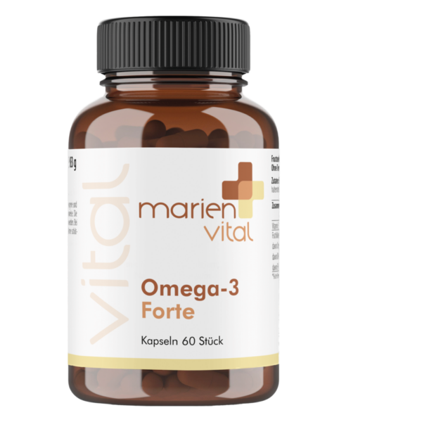 Braune Flasche mit schwarzem Deckel, gefüllt mit Kapseln, gekennzeichnet als Omega-3 Forte von marien vital.