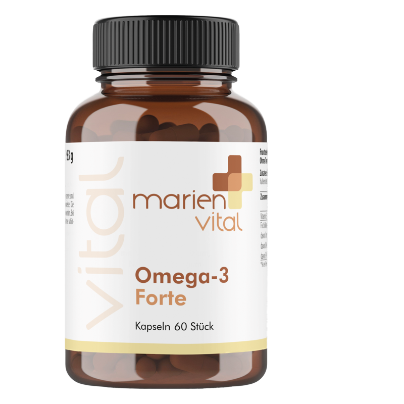 Braune Flasche mit schwarzem Deckel, gefüllt mit Kapseln, gekennzeichnet als Omega-3 Forte von marien vital.