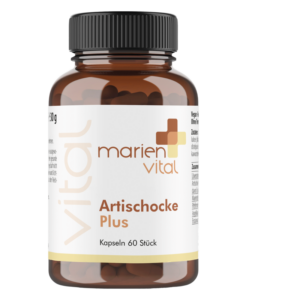 Braune Kunststoffflasche mit schwarzem Deckel, gefüllt mit 60 Artischockenkapseln, Etikett zeigt Produktname und Informationen.