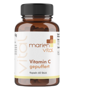 Brauner Kunststoffbehälter mit gedecktem Deckel, enthält gepuffertes Vitamin C in Kapseln.
