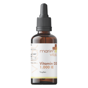 Braune Tropfenflasche mit schwarzem Deckel, etikettiert mit Vitamin D3 1.000 IE von marien vital.