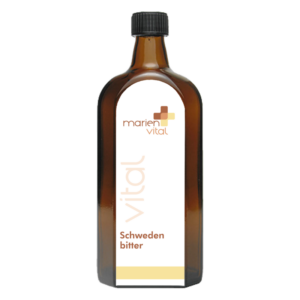 Braune Glasflasche mit schwarzem Schraubverschluss und Etikett für Schweden bitter von marien vital.