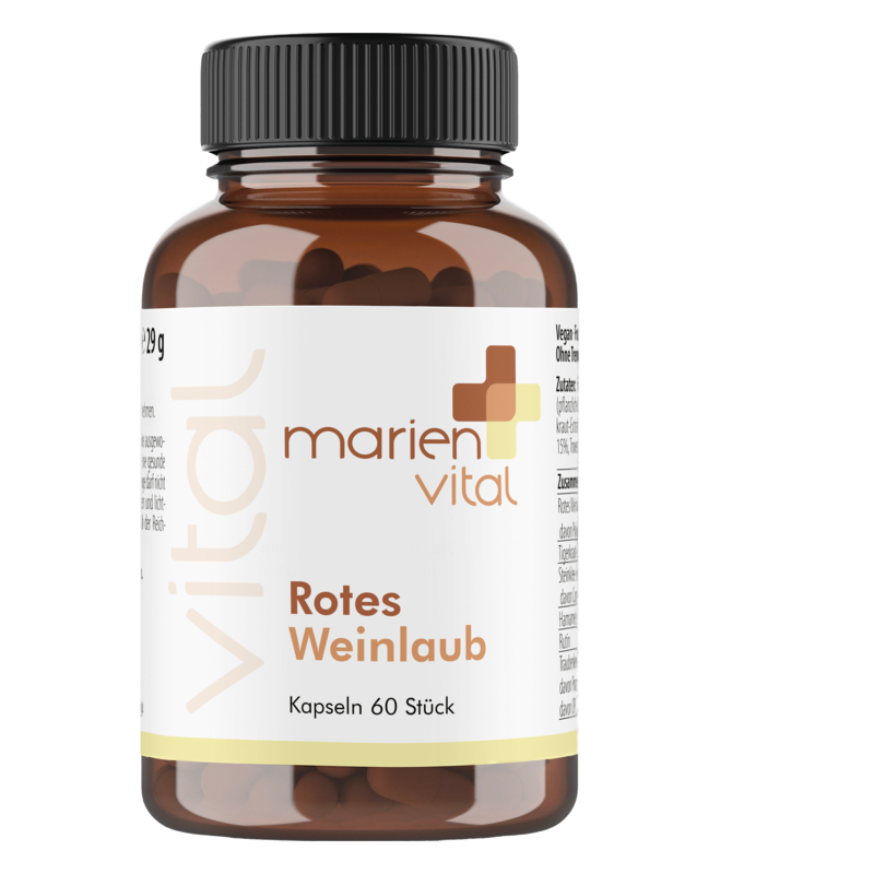 Brauner Glasbehälter mit schwarzem Deckel, gefüllt mit Kapseln, beschriftet mit "Marien Vital Rotes Weinlaub".