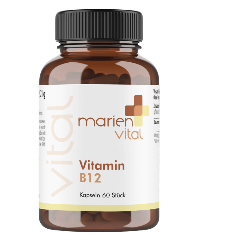 Braune Kunststoffflasche mit Kapseln für Vitamin B12, markiert mit "marien vital" und Inhaltsstoffen.