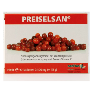 Verpackung von Preiselsan, einem Nahrungsergänzungsmittel mit Cranberryextrakt und Acerola-Vitamin C.