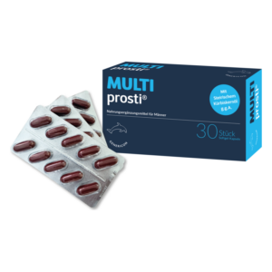 Verpackung von MULTI prosti®, einem Nahrungsergänzungsmittel für Männer, mit Softgel-Kapseln in einer Blisterpackung.