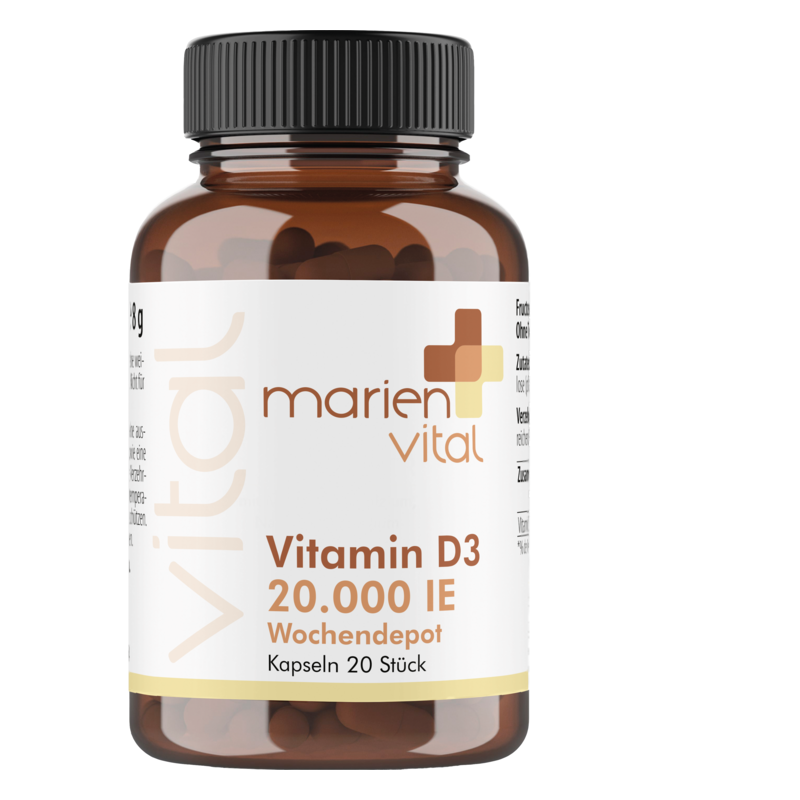 Braune Arzneimittelverpackung mit einer weißen Etikettierung, die Vitamin D3 Kapseln beschreibt, enthält 20.000 IE.