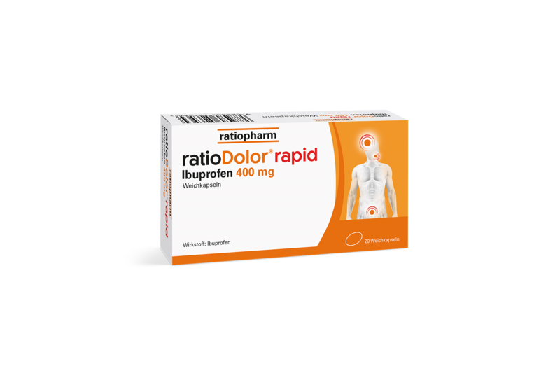 ratioDolor_rapid_Weichkapseln.png Packung ratioDolor® rapid mit Ibuprofen 400 mg, zeigt menschliche Silhouette mit Schmerzpunkten.