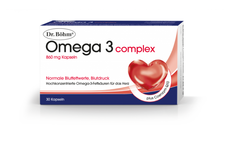 Verpackung von Dr. Böhm Omega 3 complex Kapseln, zur Unterstützung normaler Blutwerte, mit Herzsymbol.
