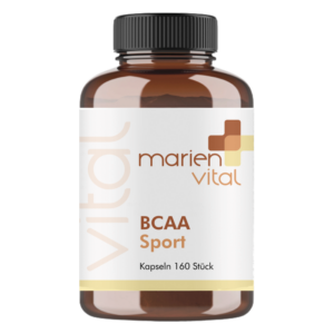 Braune Flasche mit schwarzem Deckel, enthält BCAA-Kapseln von marien vital, 160 Stück, für sportliche Anwendungen.