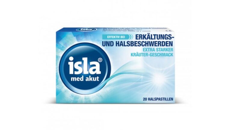 Verpackung von Isla med akut Halspastillen mit Hinweis auf Erkältungs- und Halbbeschwerden, extra starker Kräutergeschmack.