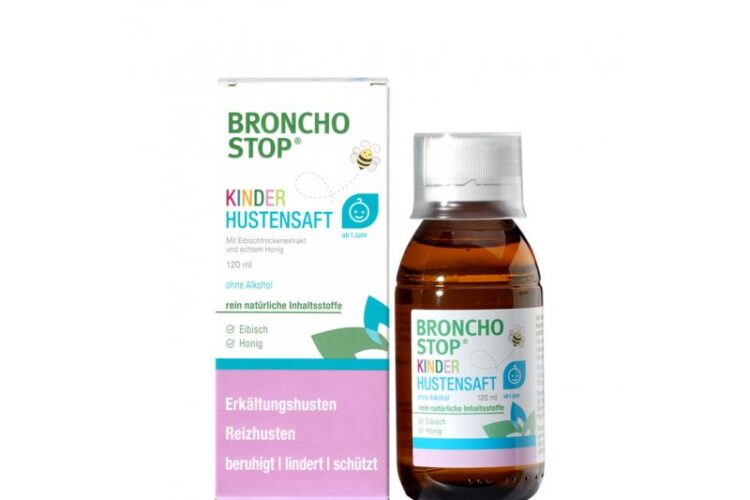 Broncho Stop Kinder Hustenstift mit Eibisch und Honig in einer 120 ml Flasche und Verpackung in hellem Design.